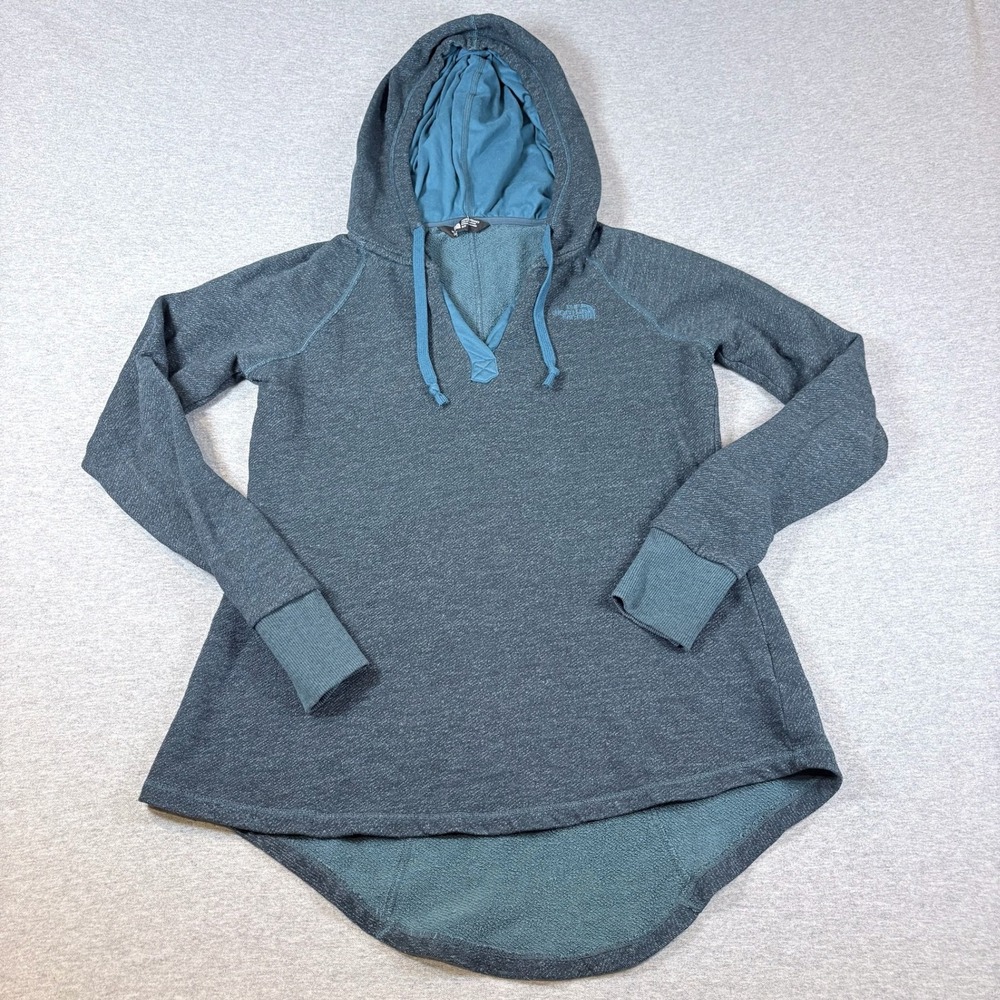 The North Face Hoodie Womens Small Blue Pullover V-Neck High Low Hem Raglan